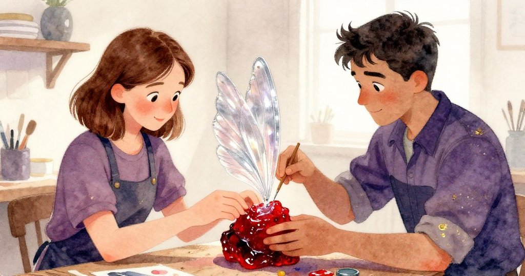 在燈光聚焦處，Gwen與Rafe共同操作樹脂時，隱約閃現出薄紗般的翅膀，雙雙展露驚奇與默契的神情。