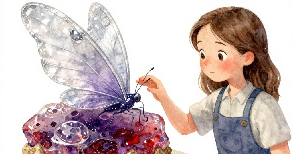 特寫鏡頭中，Gwen輕觸樹脂中透亮薄紗般翅膀，臉上滿是驚喜，細節清晰呈現出溫暖與魔幻感。