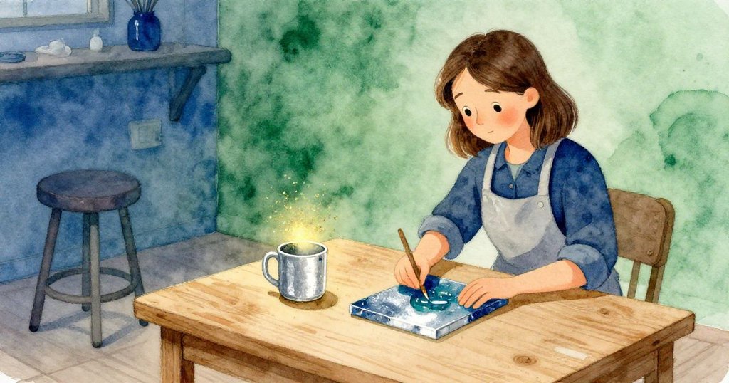 在靜謐的工作坊中，Gwen輕放完成樹脂作品於工作桌上，未觸碰的馬克杯散發金粉，場景充滿淡淡故事感。