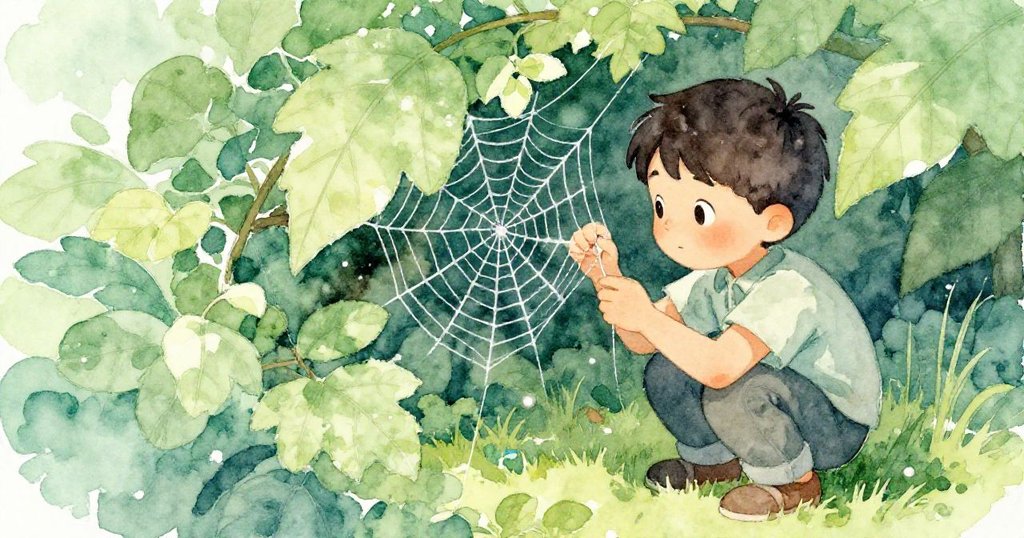 Dale蹲在籬笆旁，透過樹葉間隙仔細量度顫動蛛網，眼神專注流露科學好奇與驚奇。