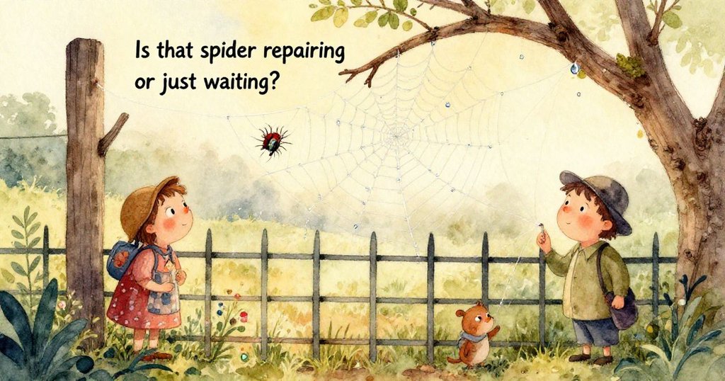 微風拂動，露珠沿蛛絲滑落破裂，太陽光穿透細線形成彩虹，展現自然魔幻瞬間與期待情緒。