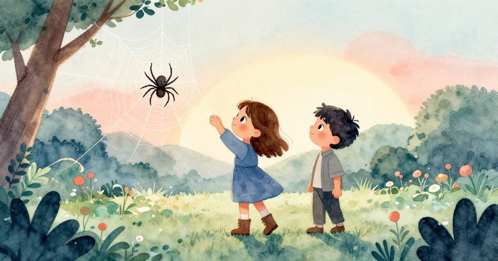 June和Dale並肩後退，靜觀蜘蛛在日光中繼續編織新網，寬闊花園與晨光映出平靜與續寫的希望。