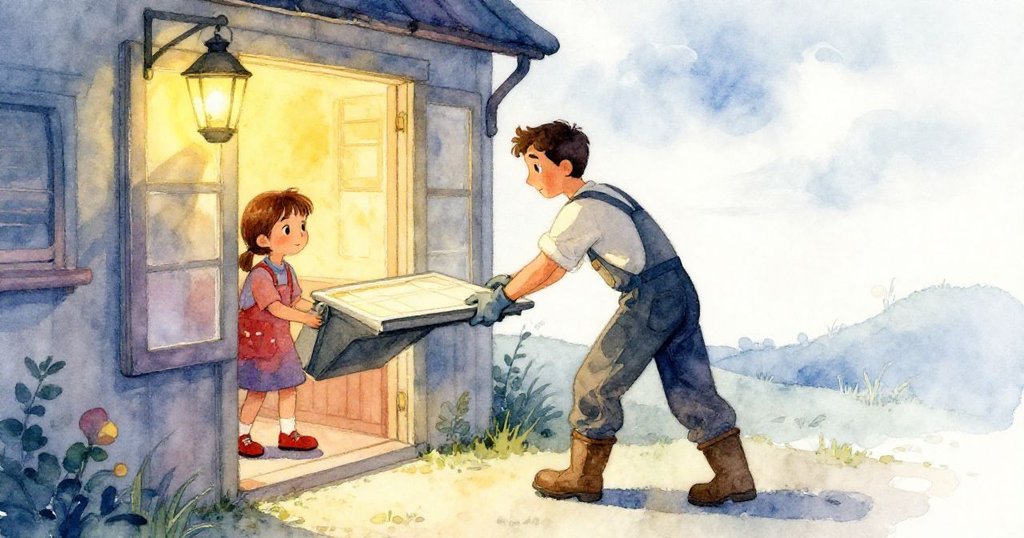 盧克推開舊燈室的艙口,外面陰天微光,展現探索的開始,表情專注,環境充滿懷舊氛圍。