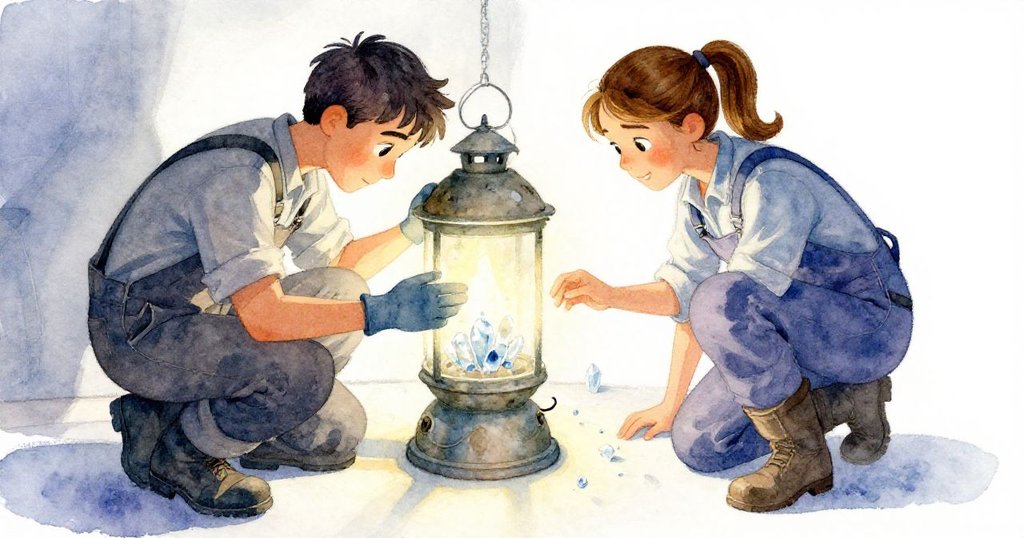 盧克與塔拉在傾斜構圖中細看大透鏡上的裂痕與鹽斑,展現探索疑問與專注情感,情節漸進。