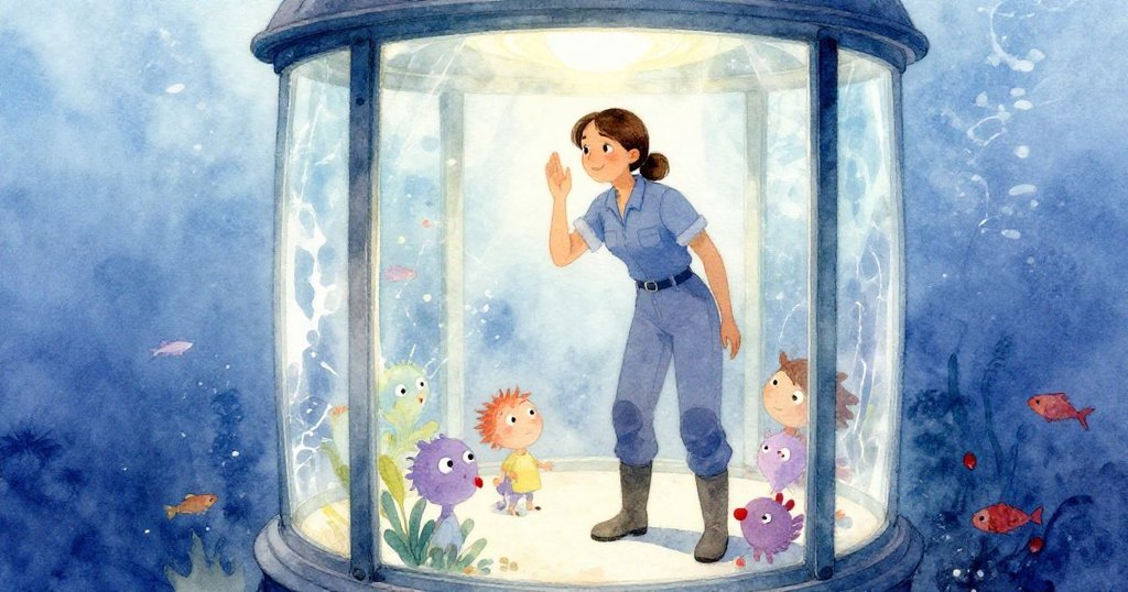 塔拉在類似水下幻景中注視破損玻璃散發如魚般閃爍的光點,奇幻迷離,情感充滿驚奇與沉思。