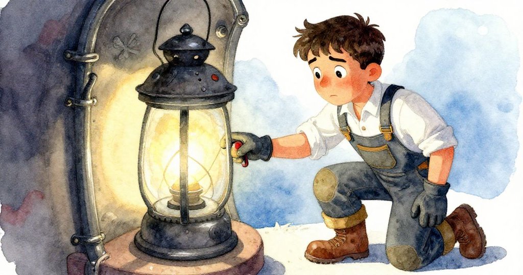 盧克停在發光控制桿前,手指微觸桿身,眼中流露出掙扎與責任,環境細節充滿沈重氣氛。