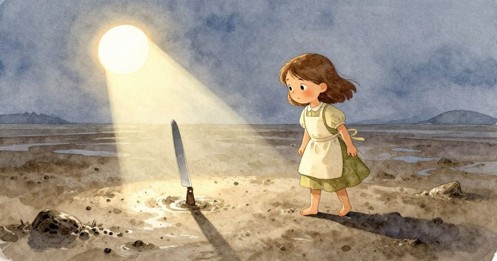 Vera在黎明時分走向泥灘上閃著光的麵包刀,周圍有蒸氣瀰漫的水坑和折疊的海藻,表情充滿好奇與期待