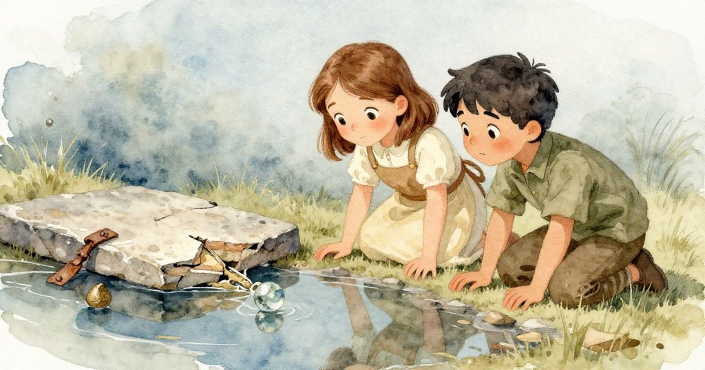 Vera與Ivan在淺水池邊探索倒映著破碎石板與寶物,臉上露出驚奇與愉悅的神情,背景是泥灘的靜謐景色