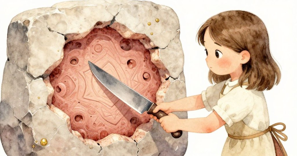 Vera用麵包刀輕壓石板,石頭層層剝落展現出帶有貝殼紋理的陶土,畫面充滿神奇且幾何感十足