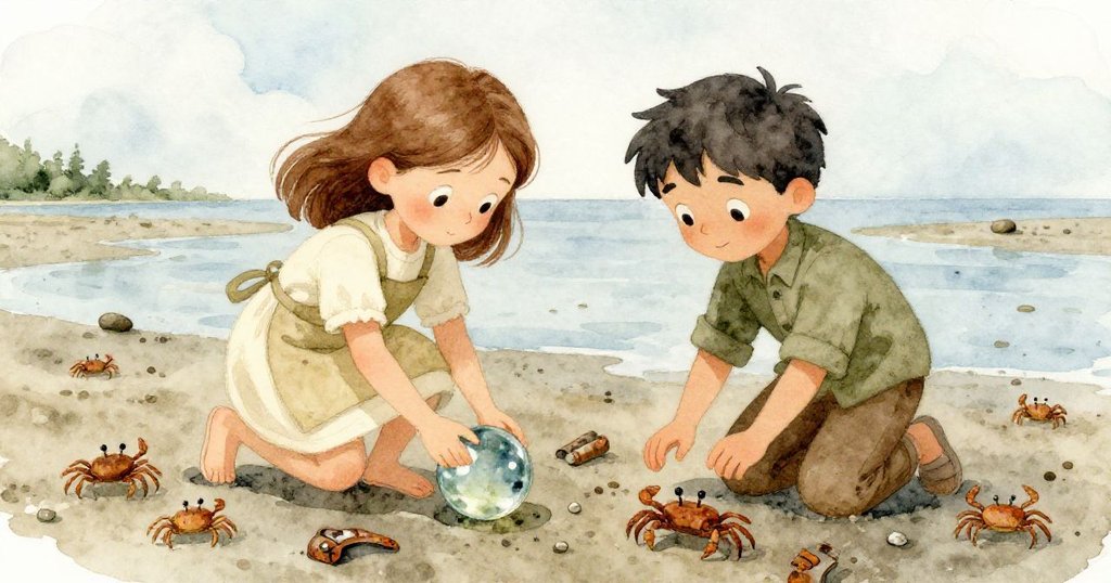 Vera和Ivan在潮退時合作撿拾散落的寶物,腳邊小蟹穿梭嬉戲,畫面充滿互動與愉悅活力