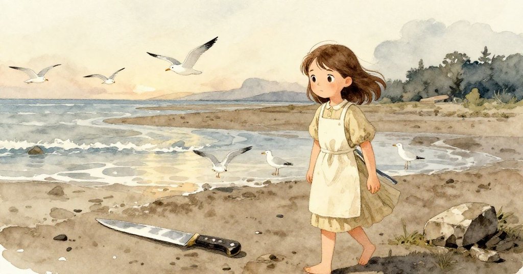 Vera帶著平靜的決心向堅實陸地走去,手中麵包刀輕敲石板,背景是潮水上漲和海鷗盤旋,畫面充滿告別的感傷