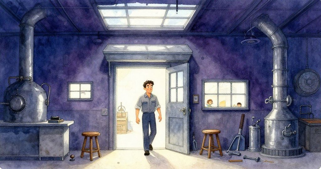 Ian 穿著簡單工作服踏入溫暖工作室，明亮天窗灑落光線，空凳和工具暗示著過往缺席的身影，氣氛安靜沉思。