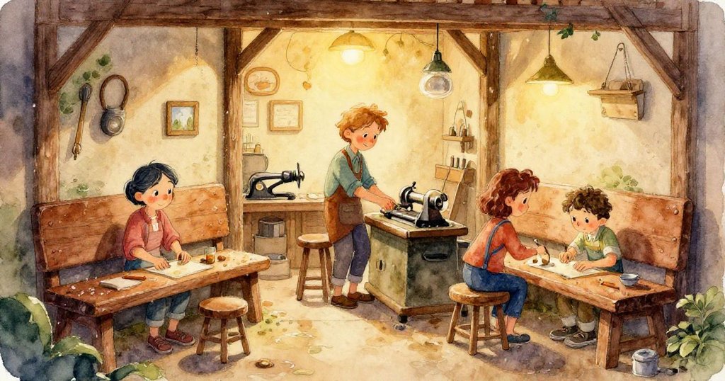 Ian 穿著堅固工作靴在舊舊地板上行走，足跡間散落著工具和記憶，細節處展現工藝與情感。