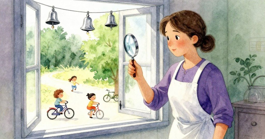 Kira 站在明亮窗邊，輕輕擦拭放大鏡，透過天窗可見外面孩童嬉戲與車鈴聲，神情專注溫柔。