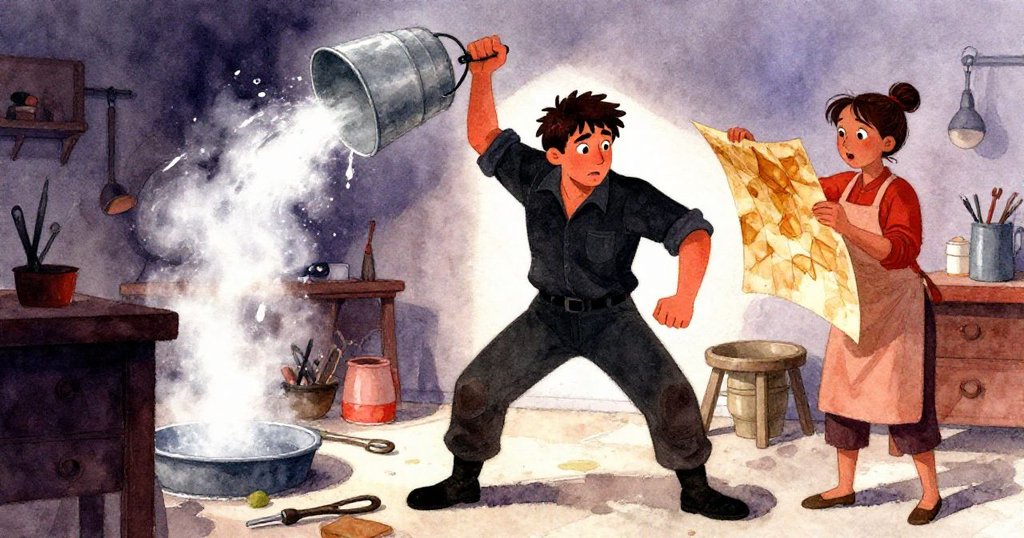 突如其來的蒸汽爆發中，Ian 快速後縮手臂，Kira 迅速護住切割好的琥珀片，現場動態緊張情緒明顯。