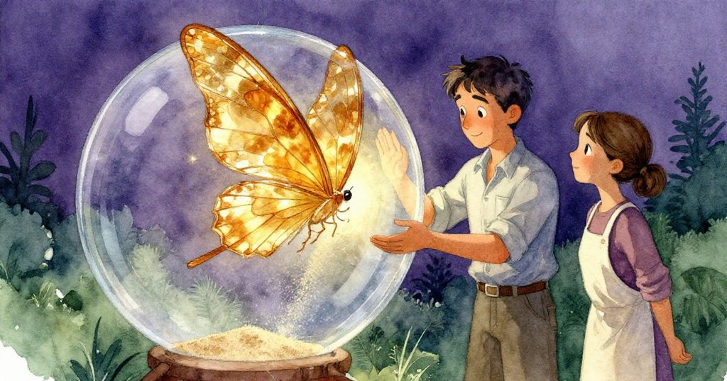 在平息混亂後，琥珀中懸浮的翅膀散發著奇幻光芒，Ian 與 Kira 各自展現喜悅神情，細節溫柔慶祝成功。