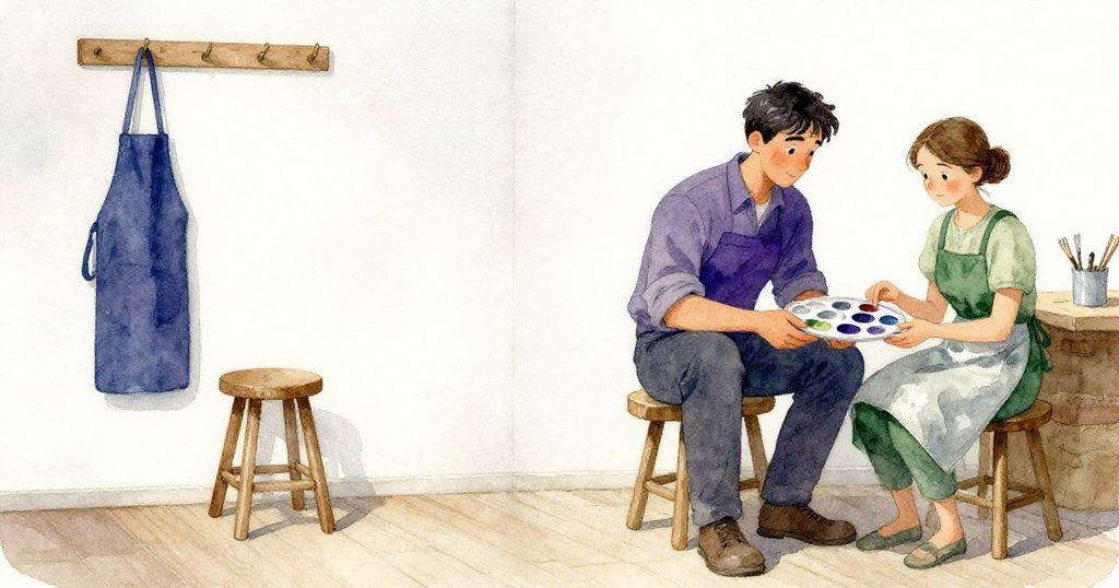 在寧靜回歸的工作室中，空凳與輕擺的圍裙訴說著過往，Ian 與 Kira 靜默整理工具，情感深沉告別。