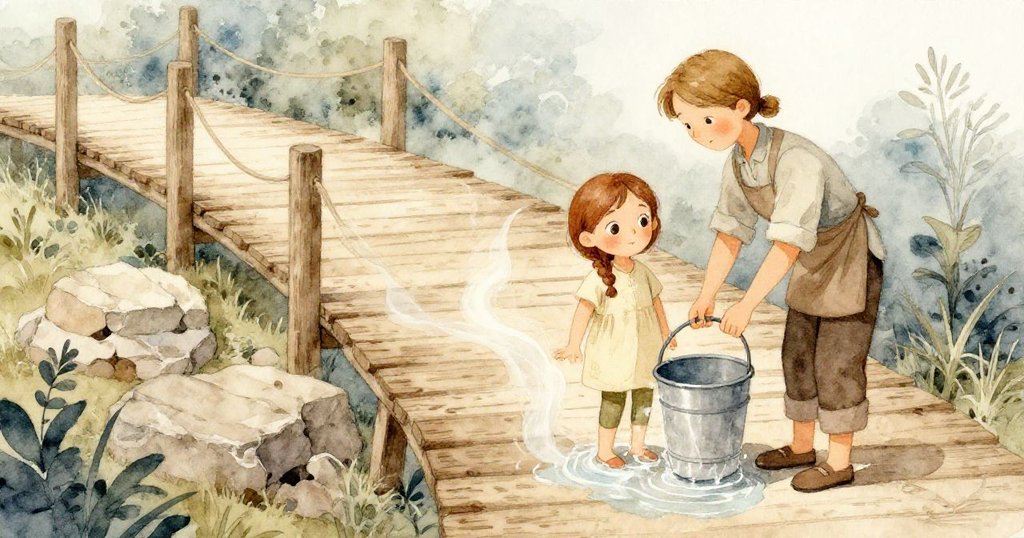 Luna注視著年輕侍者傾斜水桶，溫暖蒸氣在杉木步道上飄散，她眼中滿是好奇與期待，呈現開篇的神秘氛圍。