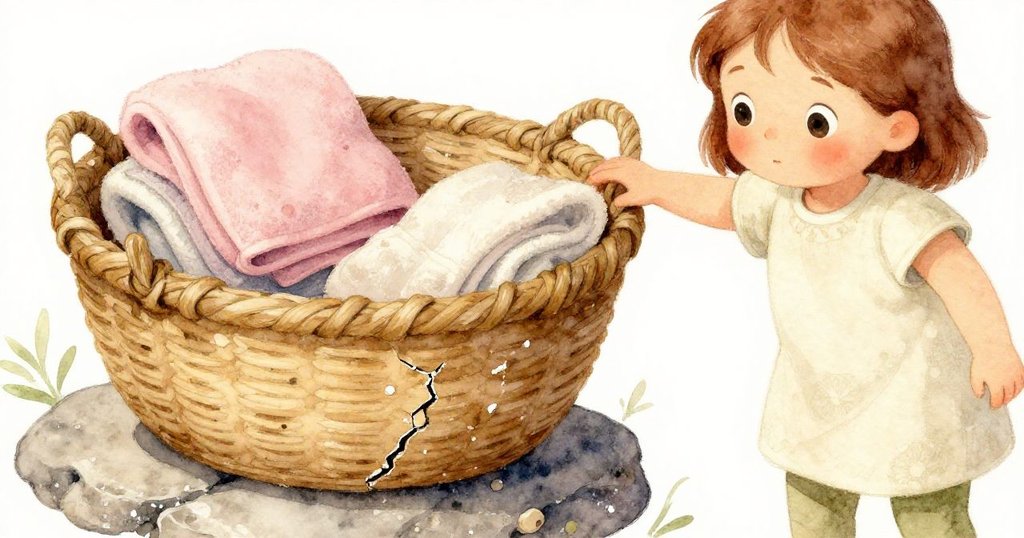 Luna輕觸斑駁籃中的毛巾，石面質感清晰呈現，她神情溫柔，彷彿仔細回味時間留下的痕跡，場景充滿細膩質感。