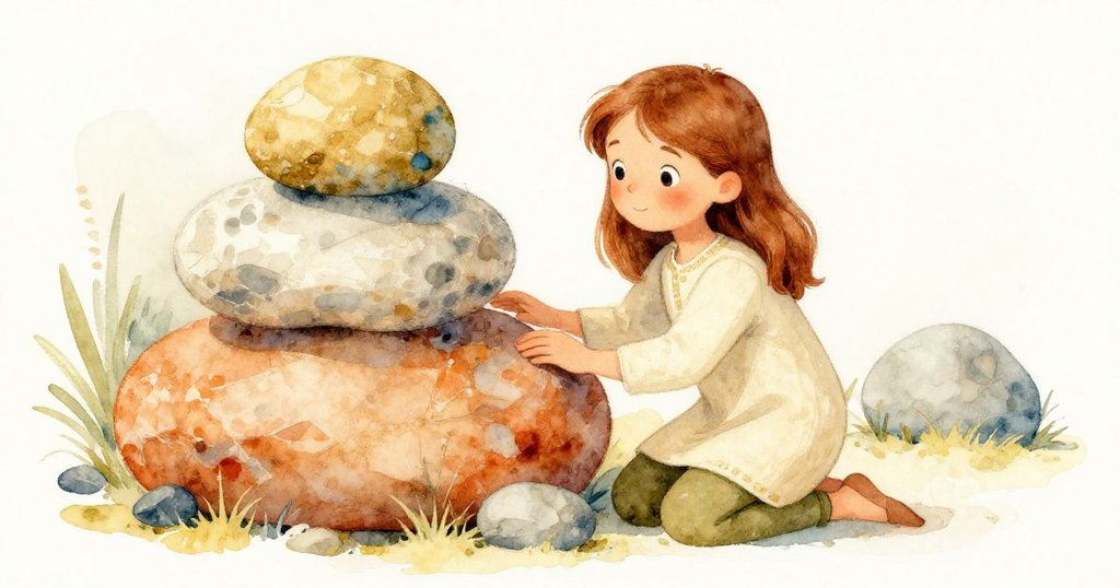 Luna蹲身仔細觀察石頭層次分明，白邊、鐵鏽橙與黃色交織，她滿臉好奇，探索大自然奧秘的情境逐漸展開。