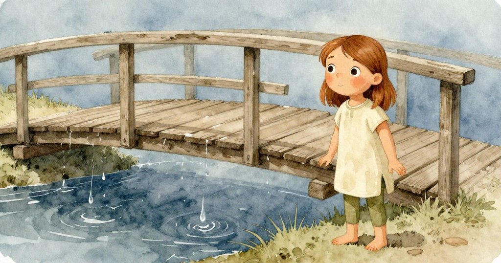 Luna小心地站在搖曳木板邊，目光注視著水珠滴落節奏，她既謹慎又充滿期待，展現自然細膩韻律。