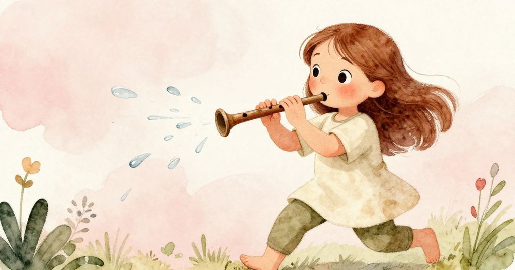 Luna輕抬竹笛，隨著木板滴水節奏輕拍大拇指，她神情活躍兼具深思，動作自然融入大自然音律之中。