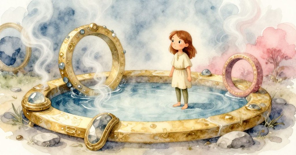 Luna站在蒸氣繚繞的石池邊，注視著象徵時光融合的礦物環，神情靜謐而驚奇，畫面充滿哲思最終轉身踏上新路。