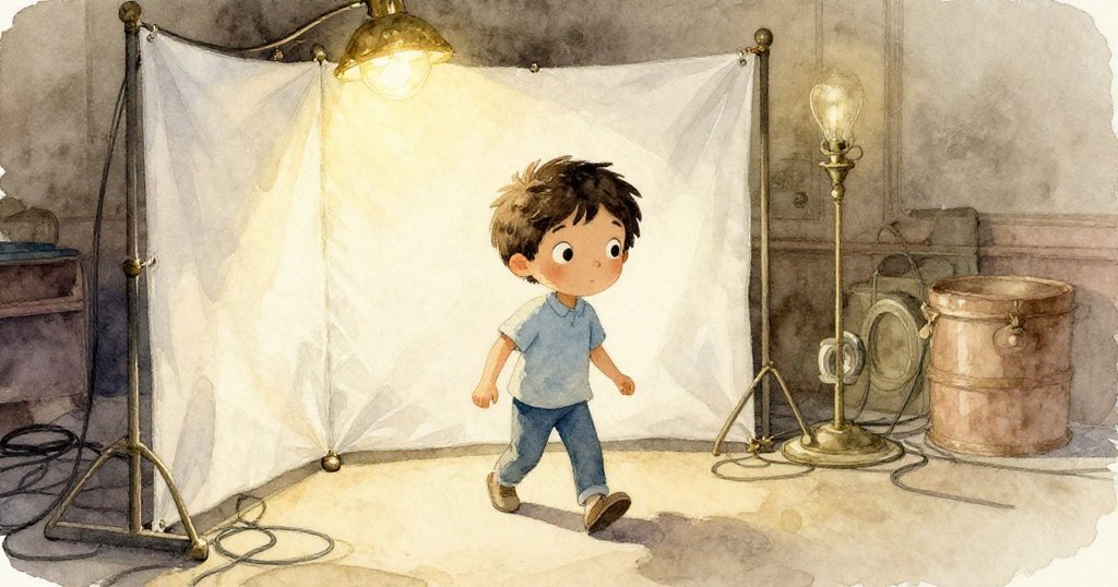 Quinn 輕步穿過後台白色幕布,燈光柔和映襯舞台背景,神情中帶有探索與期待的驚奇。