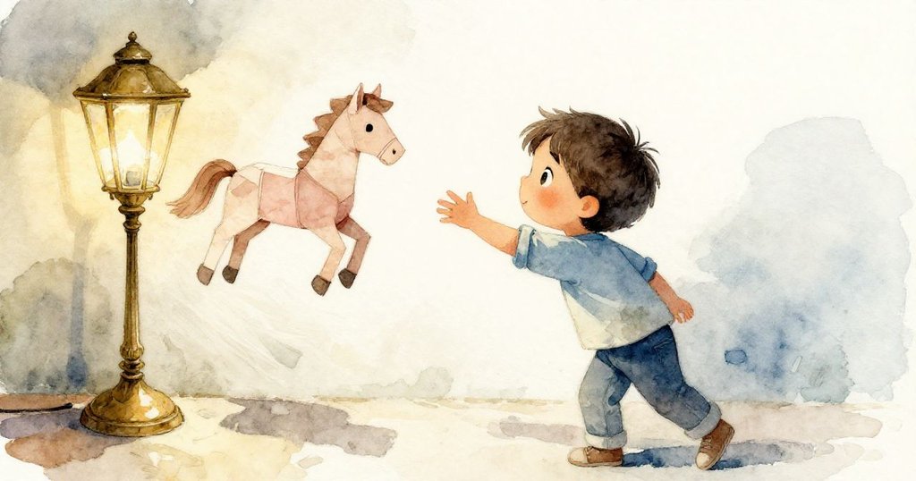 Quinn 伸手輕觸顫動的紙馬,燈光下紙影奔馳,場景充滿溫柔且懷舊的氛圍。