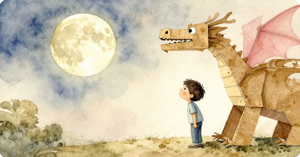 Quinn 透過幕縫窺視,紙月輕盈移動、紙龍隱現,神情充滿好奇與欣喜,空氣中瀰漫溫暖魔幻感。