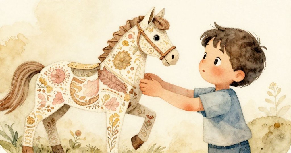 Quinn 細心抬起紙馬,專注察看木棒新舊交錯的縫隙,手部動作柔和而滿懷驚奇。