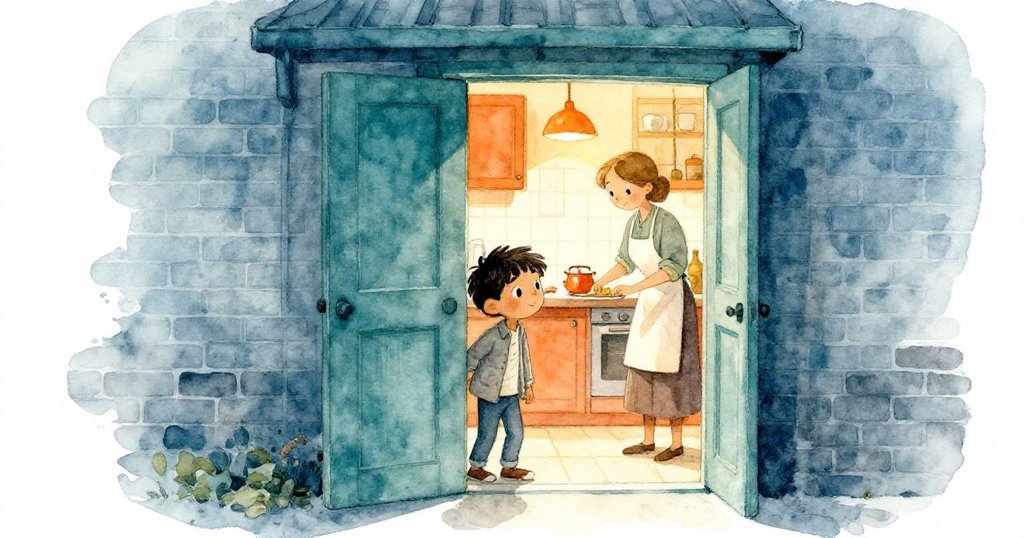 Hugo站在半開的門前,透過磚砌巷弄好奇觀望室內忙碌的廚房,臉上帶著期待與興奮。