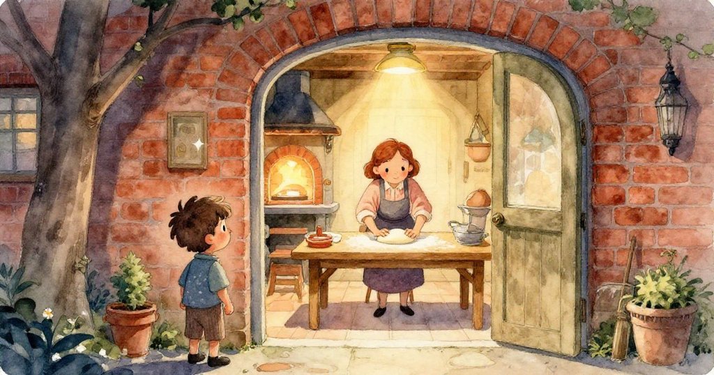 在老橡木桌上,起始發酵罐冒著細泡,麵粉如雪般飄散,濕布滴水展現出溫馨烘焙細節。