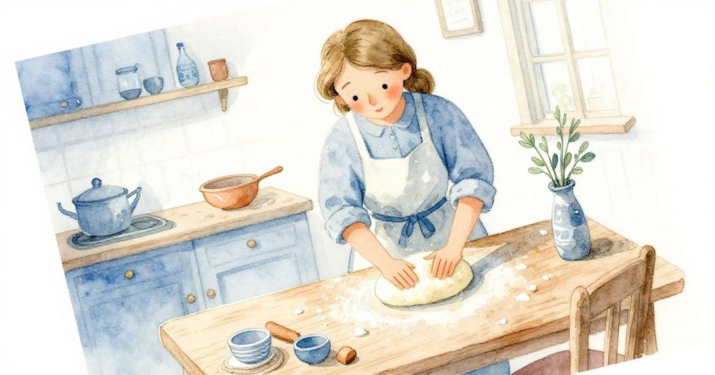 Viola在橡木桌前熟練揉麵,傾斜角度展現動感手勢和柔軟麵團,營造溫暖而富有節奏的烘焙氛圍。