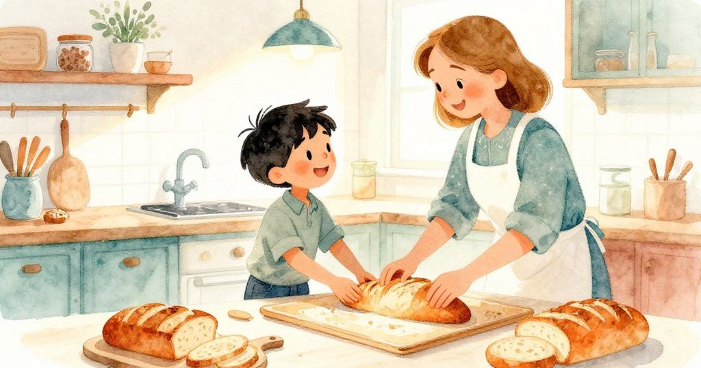 Hugo與Viola在溫馨廚房中共同整理新出爐麵包,雙雙面露微笑,洋溢著滿足與慶祝的情感。