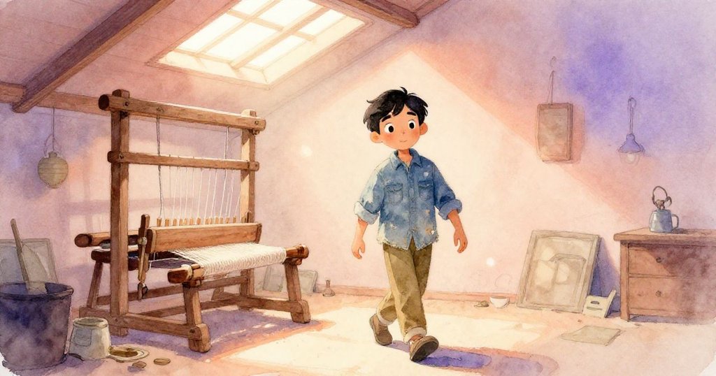 Cruz走進透著暖光的織布房,身影在天窗前呈現剪影,展現探索與期待的情緒。