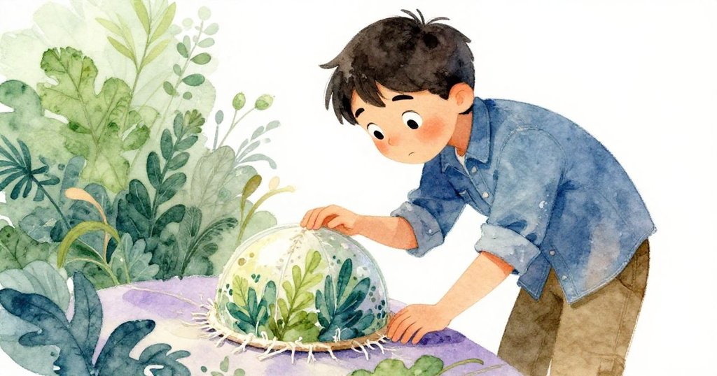 Cruz從背後凝望,彎腰檢查織物下方不尋常的破線小圓頂,臉上流露出驚奇與好奇。