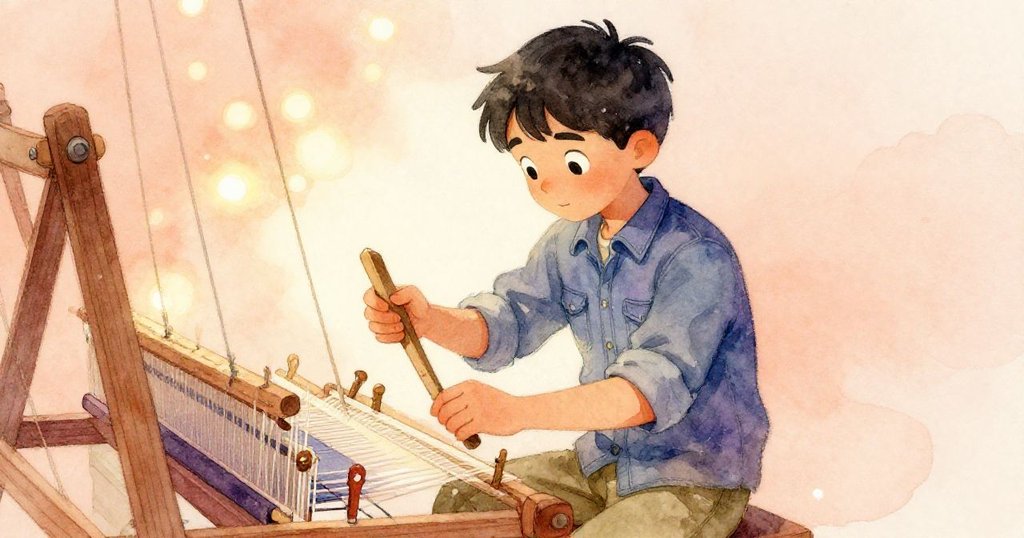 Cruz小心翼翼取下細長山毛櫸楔子,調整古舊織布機上的木釘,環境充滿溫暖光線與期待氣氛。