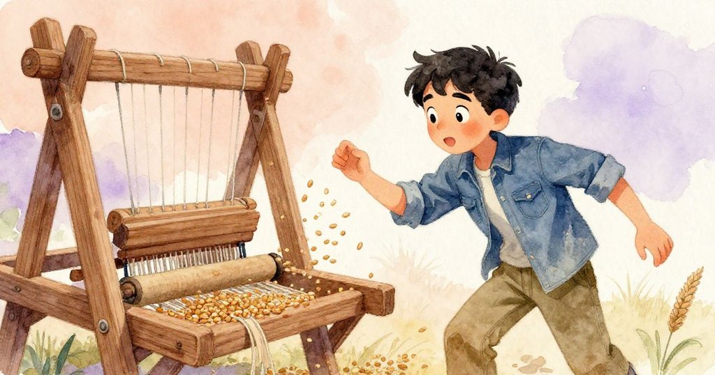 隨著張力減退,棉線逐漸剝落,乾穀如細雨般在木板上滾動,Cruz興奮地注視著一粒穀粒。