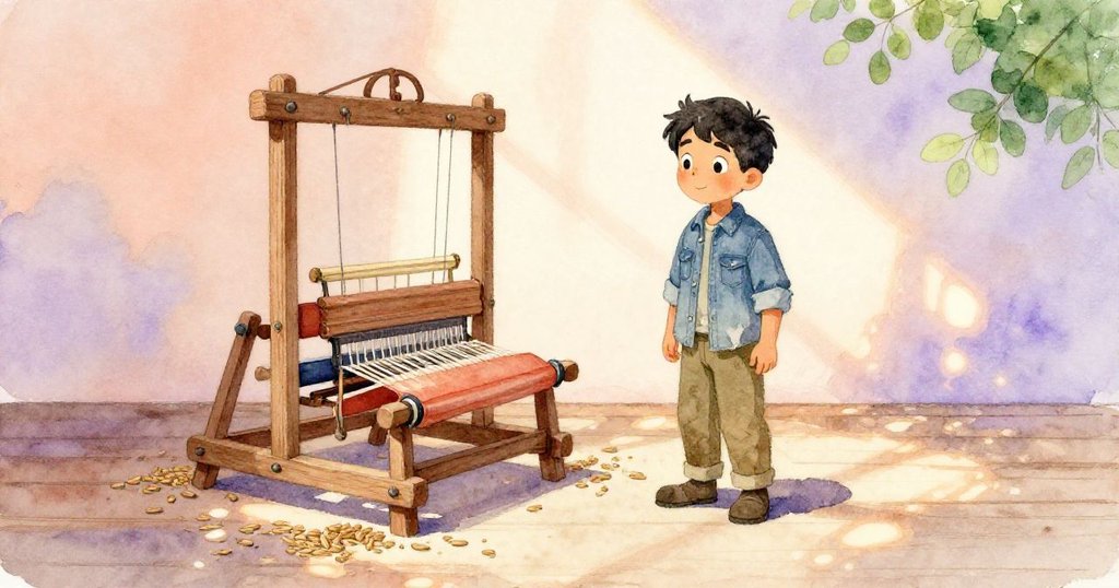 Cruz滿意地站在重新運作的織布機旁,腳邊散落著一粒穀粒,房間中恢復平靜,充滿溫暖柔光。