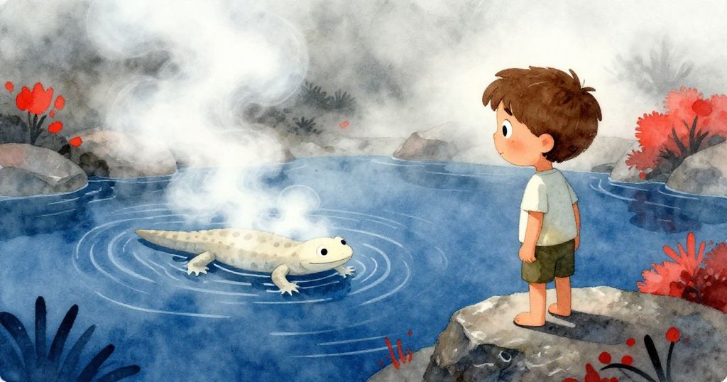 小男孩 Hugo 站在濃霧中的岩石邊緣，凝視著熱泉中悠游的蒼白蝾螈，背景充滿溫柔晨光與蒸氣，神情專注且充滿期待。