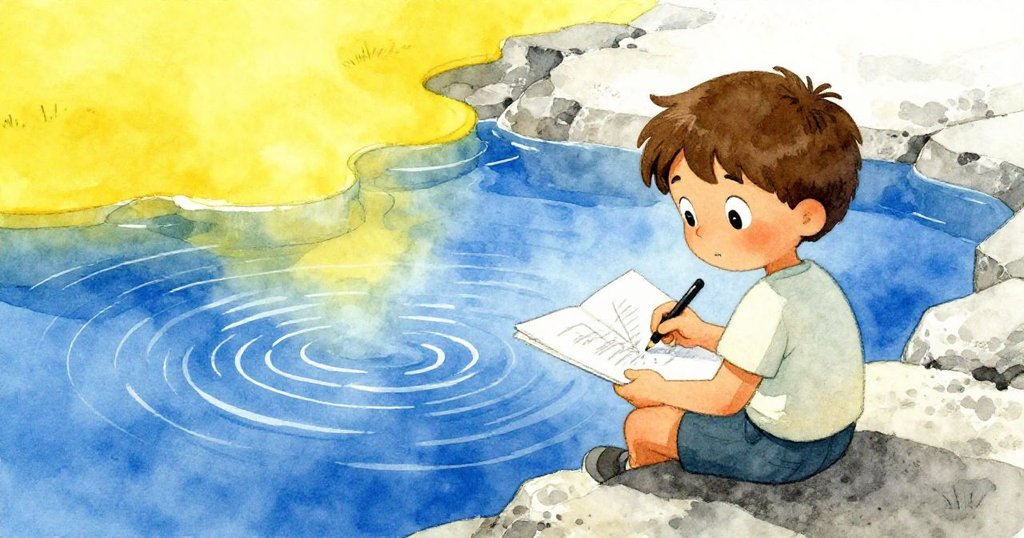 Hugo 坐在岩石上，手持鉛筆在筆記本上勾勒熱泉中變幻的礦物紋理，神情專注，背景呈現藍色與黃色的交錯光影。