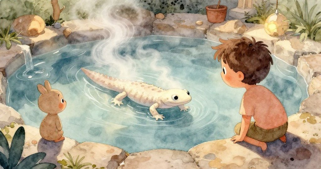 透過生物視角呈現，Hugo 的倒影與水中變化的巨型蜻蜓若蟲相遇，水面上閃耀著幽暗光影與紅藍交織的色彩。