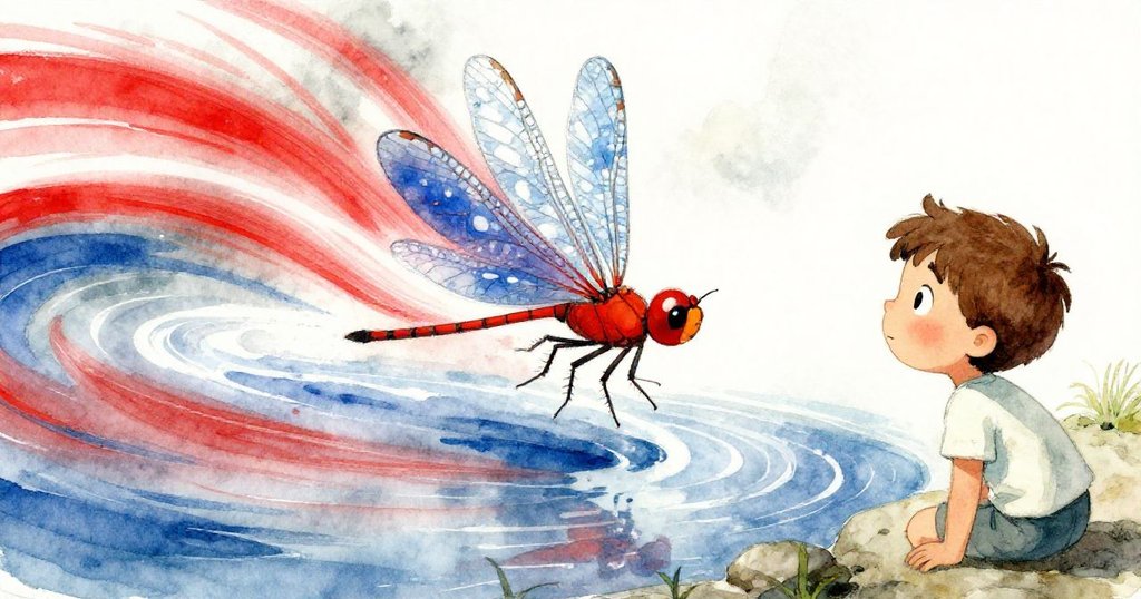 場景中巨型蜻蜓若蟲優雅游動，水面留下一串動感漣漪，Hugo 目光專注，情緒感動，展現驚奇與柔美瞬間。