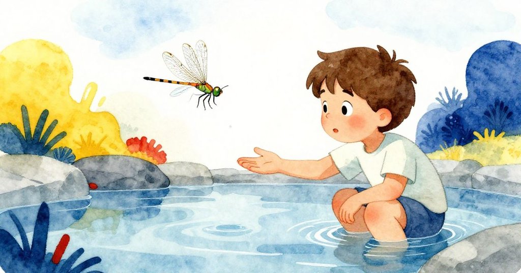 Hugo 俯身於溫暖泉水中，輕輕舉手與慢慢擺動的蜻蜓若蟲互動，畫面寬闊自然，氛圍平和而富有深意。