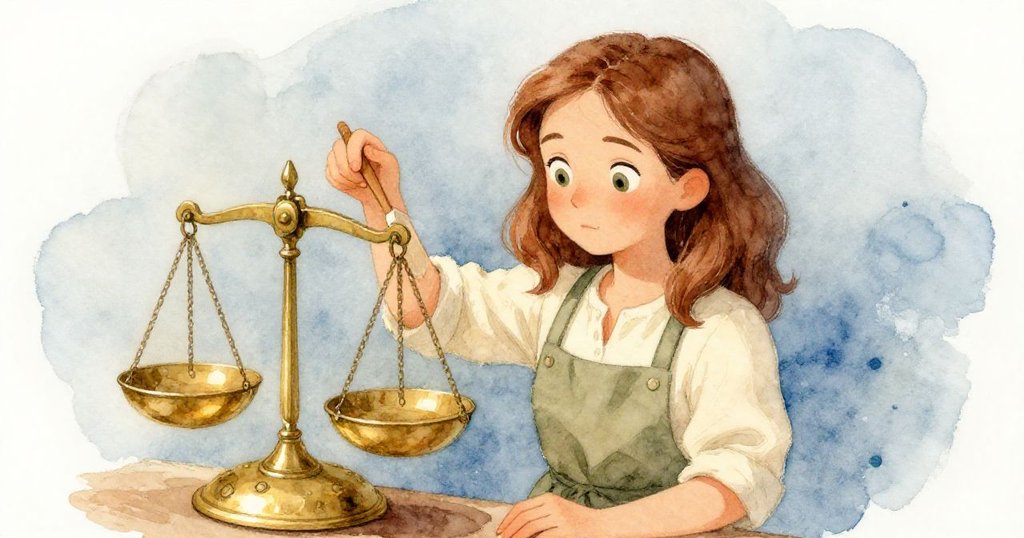 Ada專注地用木鏟輕推黃銅天平上的樹脂,細節清晰展現工作台上的各種器具與凝固的樹脂。