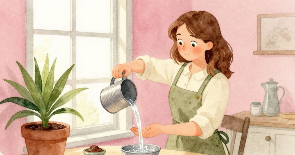 Ada小心翼翼用錫罐灑水於窗邊多肉植物上,水滴落於桌面留下一道閃光,情緒含蓄神秘。