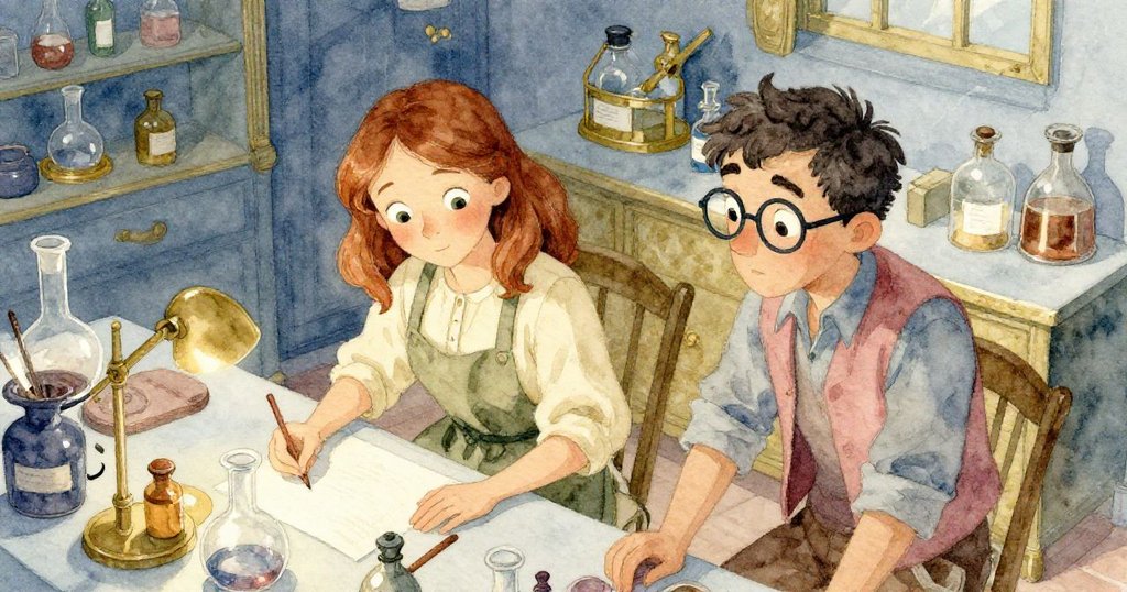 從上方俯視工作台,Ada正專注觸碰隱藏瓶子,Felix旁觀,細節豐富展示科學與藝術的完美結合。