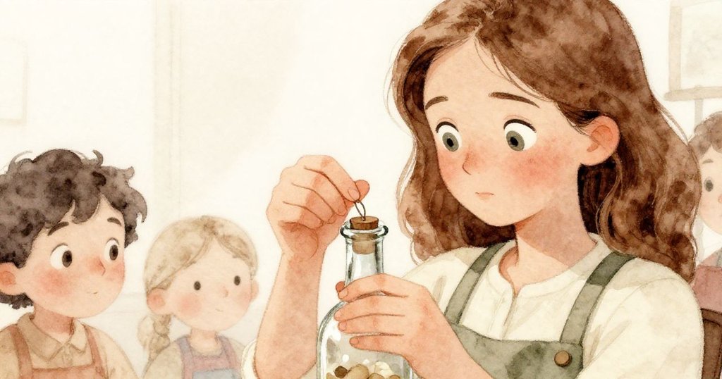 Ada凝視著玻璃瓶,手指輕扣瓶頸,表情中流露出謹慎與驚奇,細節特寫展現緊張時刻。