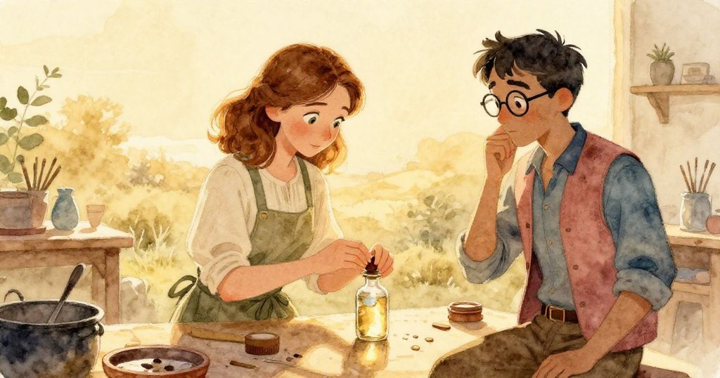 在夕陽暖光下,Ada封緊打開的瓶子,Felix靜靜旁觀,整個工作室瀰漫著溫馨神秘的氣息。